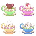 Cute little funny kawaii animal koala, parrot, seal, unicorn, pet illustration in a tea coffee cup cartoon vector print illustrati