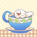 Cute little funny kawaii animal pet illustration in a tea coffee cup cartoon vector print illustration