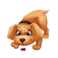 Cute Little Furry Puppy - Cartoon Animal Character Mascot Playing with Ladybug