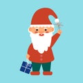 Cute little garden gnome in santa costume with a gift and sparklers. Vector illustration