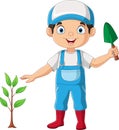 Cute little gardener boy with plants and shovel