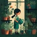 cute little gardener takes care of her plants with love and they grow lush