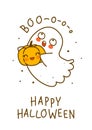 Cute little ghost with pumpkin isolated on white background - cartoon character for funny Halloween greeting card and poster Royalty Free Stock Photo