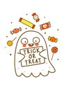 Cute little ghost with sweets isolated on white background - cartoon character for funny Halloween greeting card and poster design Royalty Free Stock Photo