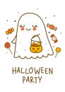 Cute little ghost with sweets isolated on white background - cartoon character for funny Halloween greeting card and poster design Royalty Free Stock Photo