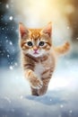 Cute ginger tabby kitten in a snowy winter landscape with falling snow and soft lighting