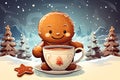 cute little gingerman drink hot chocolate in winter