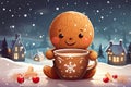 cute little gingerman drink hot chocolate in winter AI generated