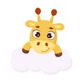 Cute little giraffe on cloud. Funny cartoon character for print, sticker, greeting cards, baby shower, invitation, home decor. Royalty Free Stock Photo