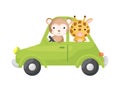Cute little giraffe and monkey driving green car. Cartoon character for childrens book, album, baby shower, greeting card, party