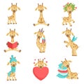 Cute little giraffe set, funny jungle animal cartoon character in different situations vector Illustration on a white Royalty Free Stock Photo