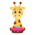 Cute little giraffe sitting with cake. Funny cartoon character for print, greeting cards, baby shower, invitation, wallpapers, Royalty Free Stock Photo