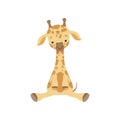 Cute little giraffe sitting on the floor, funny jungle animal cartoon character vector Illustration on a white