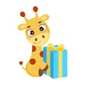 Cute little giraffe sitting with gift box. Funny cartoon character for print, greeting cards, baby shower, invitation, wallpapers Royalty Free Stock Photo