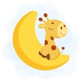 Cute little giraffe sleeping on moon. Funny cartoon character for print, greeting cards, baby shower, invitation, wallpapers, home Royalty Free Stock Photo