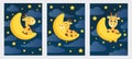 Cute little giraffe sleeping on moon in night sky set card template. Cartoon character for kids room decoration, nursery art, Royalty Free Stock Photo