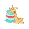Cute little giraffe sleeping on a stack of pillows, funny jungle animal cartoon character vector Illustration on a white