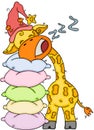 Cute little giraffe sleeping on a stack of pillows