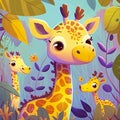 Cute little giraffe vivid color background. Cartoon style savannah animal illustration, generative AI Royalty Free Stock Photo