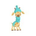 Cute little giraffe wearing blue knitted hat and scarf, funny jungle animal cartoon character vector Illustration on a Royalty Free Stock Photo