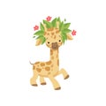 Cute little giraffe in wreath of flowers, funny jungle animal cartoon character vector Illustration on a white Royalty Free Stock Photo