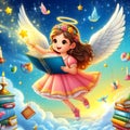 Cute little girl angel reading book reaching for the stars