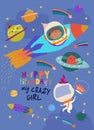 Cute Little Girl Astronaut celebrating Birthday in Space Royalty Free Stock Photo