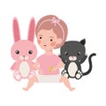 Cute little girl baby with stuffed rabbit and cat character