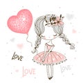 Cute little girl with a balloon in the form of a heart. Valentine. Vector Royalty Free Stock Photo