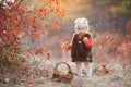 Cute little girl with a basket of red apples in the fall in the park Royalty Free Stock Photo