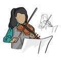 Cute little girl in a beautiful dress playing violin vector illustration sketch doodle hand drawn with black lines isolated on Royalty Free Stock Photo
