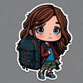 cute little girl with big eyes, long hair, and a big backpack Royalty Free Stock Photo