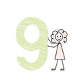 cute little girl with big green number nine, numbers for kids, simple doodle hand pencil drawn vector illustration