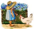 Cute little girl in a big hat and blue dress giving a hen her egg, standing near a rustic fence with blooming flowers. Royalty Free Stock Photo