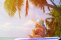 Cute little girl in big hat on summer beach Royalty Free Stock Photo