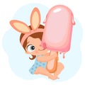 Cute little girl with big ice cream on a stick. Baby licks ice cream. Cartoon character, summer illustration