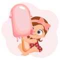 Cute little girl with big ice cream on a stick. Baby licks ice cream. Cartoon character, summer illustration