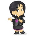 Cute little girl with black hair dressed in black smiling and presenting. Vector cartoon rock'n'roll fan character Royalty Free Stock Photo