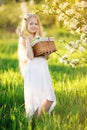 Cute little girl in blossom apple tree garden Royalty Free Stock Photo