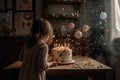 Cute little girl blowing out candles on a birthday cake at home, A little girl blowing out a candle on a birthday cake, AI