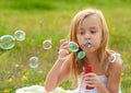 Cute little girl blowing soap bubbles on meadow Royalty Free Stock Photo