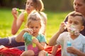 Little girl blows soap bubbles with her family in the park Royalty Free Stock Photo