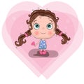 Cute little girl with blue dress hold hart, adorable baby cartoon background. San valentines day greeting card. vector illustation