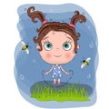 Cute little girl with blue dress jump with rope with green grass and bee, adorable baby cartoon background. lovely greeting card.