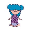 Cute little girl blue hair on the knees cartoon
