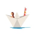 Cute Little Girl Boating in Paper Boat Vector Illustration