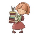 Cute little girl with books hand drawn illustration, back to school clipart Royalty Free Stock Photo