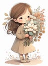 Cute little girl with a bouquet of flowers. Printable digital watercolor illustration