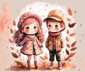 Cute little girl and boy in autumn clothes. Kids watercolor illustration