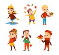Cute Little Girl and Boy with Autumn Leaves Enjoying Fall Season Walking Outdoor Vector Set Royalty Free Stock Photo